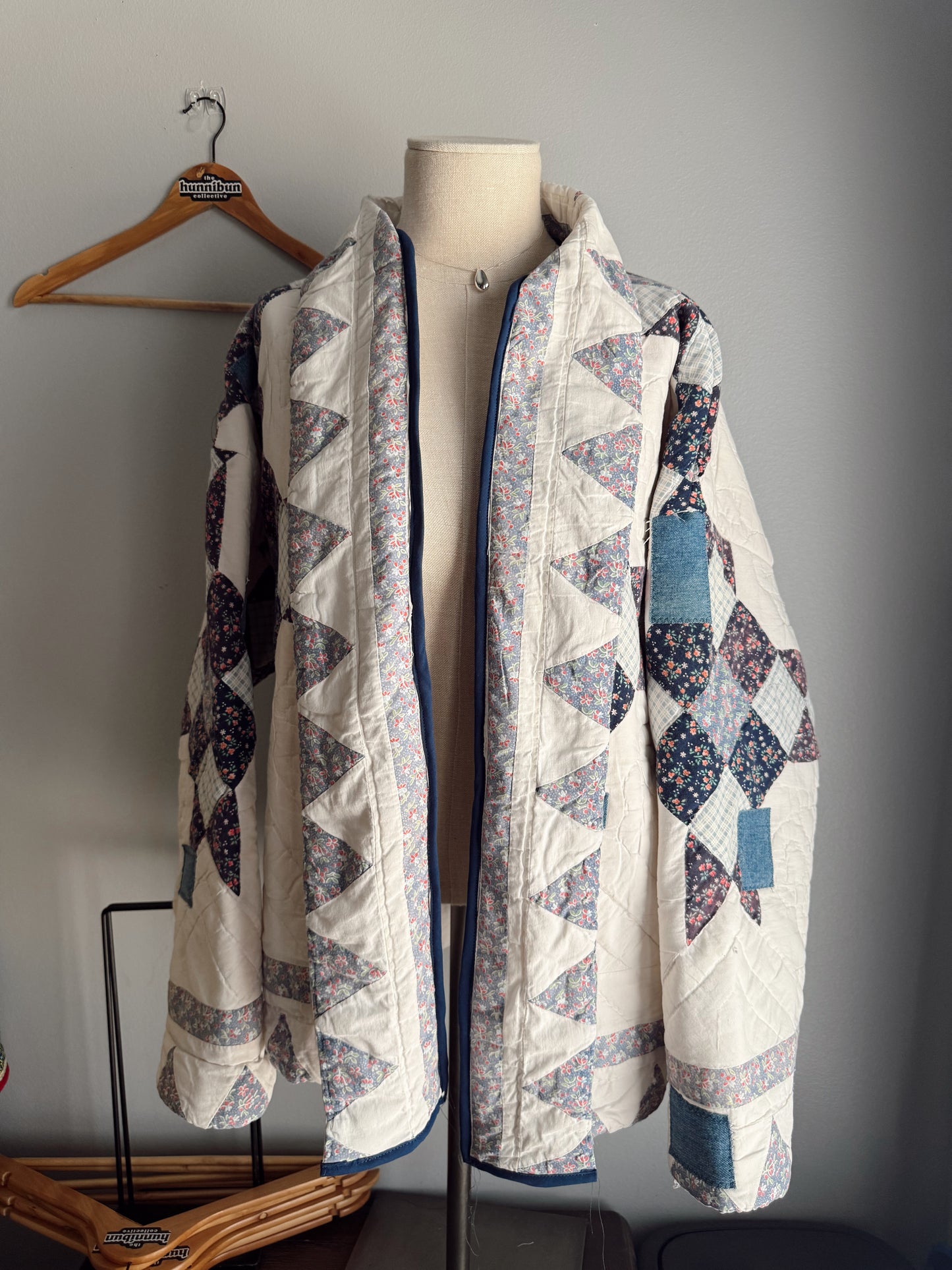 Blue Patchwork Quilted Coat - XXL